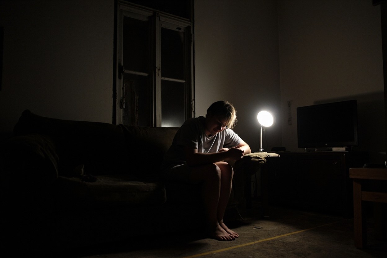 A person sitting on a worn sofa in a dimly lit living room, phone held low in one hand, the room lit by a single floor lamp casting warm light across brick coloured walls and cluttered coffee table