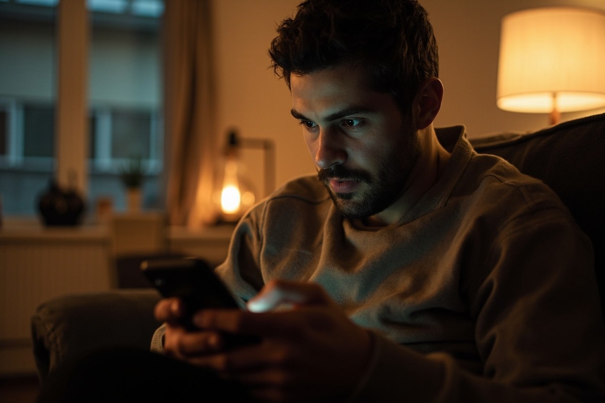 A person in a sweatshirt sitting on a sofa in a living room, looking at a phone held in both hands, warm interior lighting