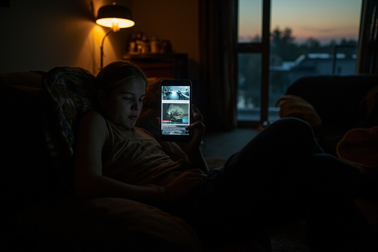A person curled on a faded sofa reading a flood headline on a laptop in a dimly lit living room at dusk