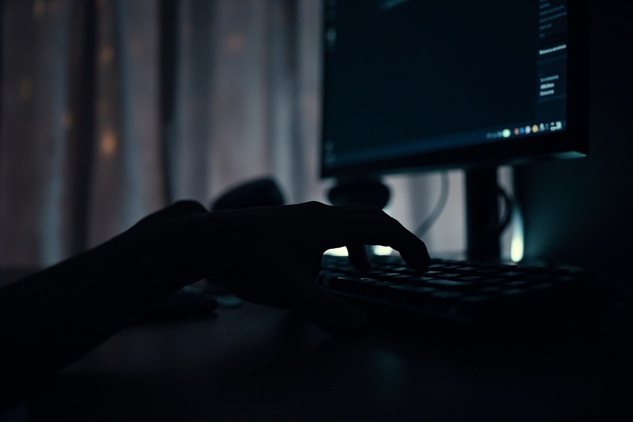 A hand reaching across a desk toward a keyboard in a low-lit home office, with the glow of a monitor lighting the curtains behind, late evening interior