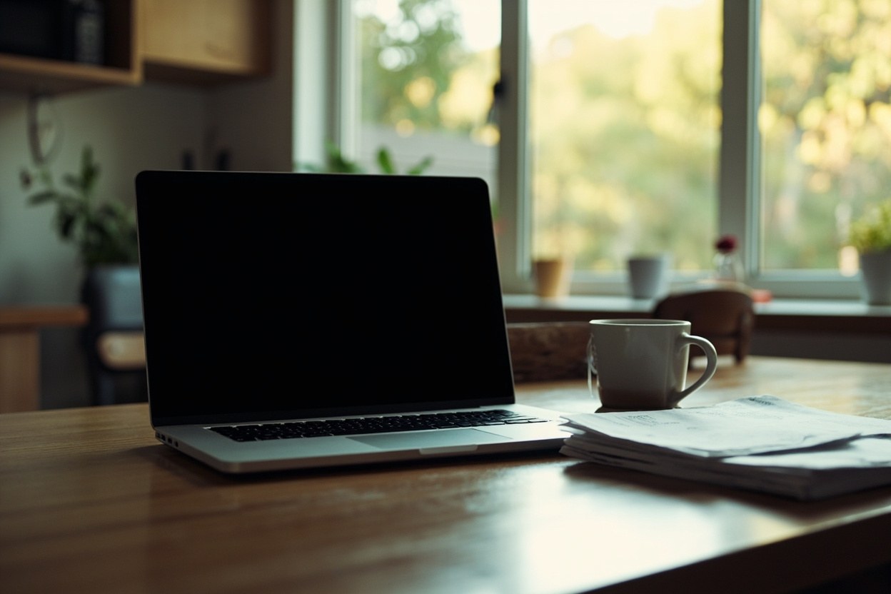 A closed laptop on a kitchen table at midday, the screen dark and the room bright, with a coffee mug and a stack of unopened post nearby, daylight interior