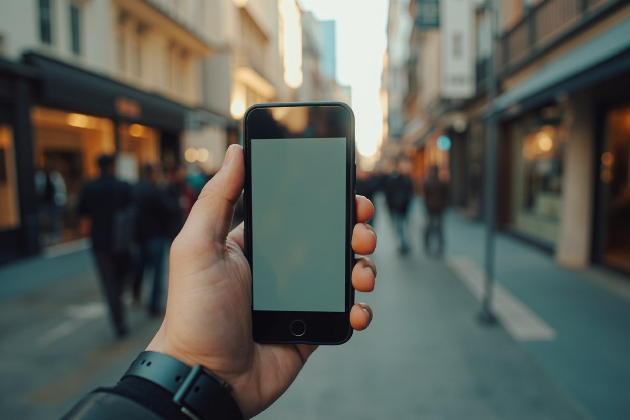 A close up of a hand holding a smartphone at a busy street corner, with blurred pedestrians and shopfronts in soft daylight.