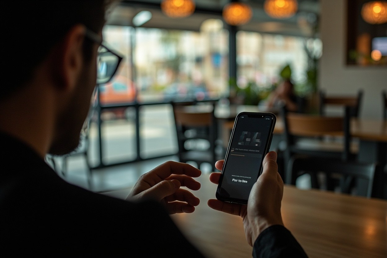 Empty cafe interior with a person looking at a smartphone showing no signal
