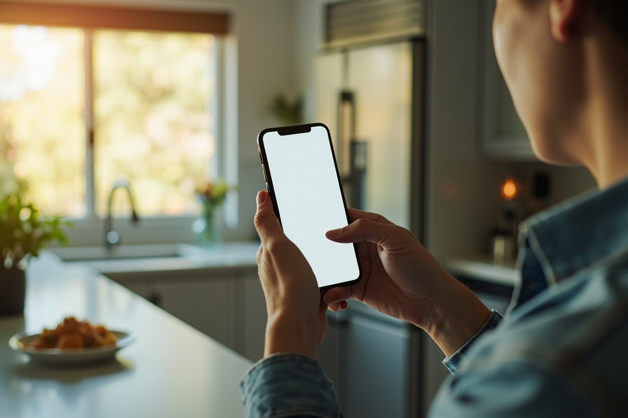 Person in a bright kitchen holding a smartphone with the screen facing away, the room lit by daylight from a window over the sink, a mug and a folded newspaper on the wooden surface in the foreground daylight.
