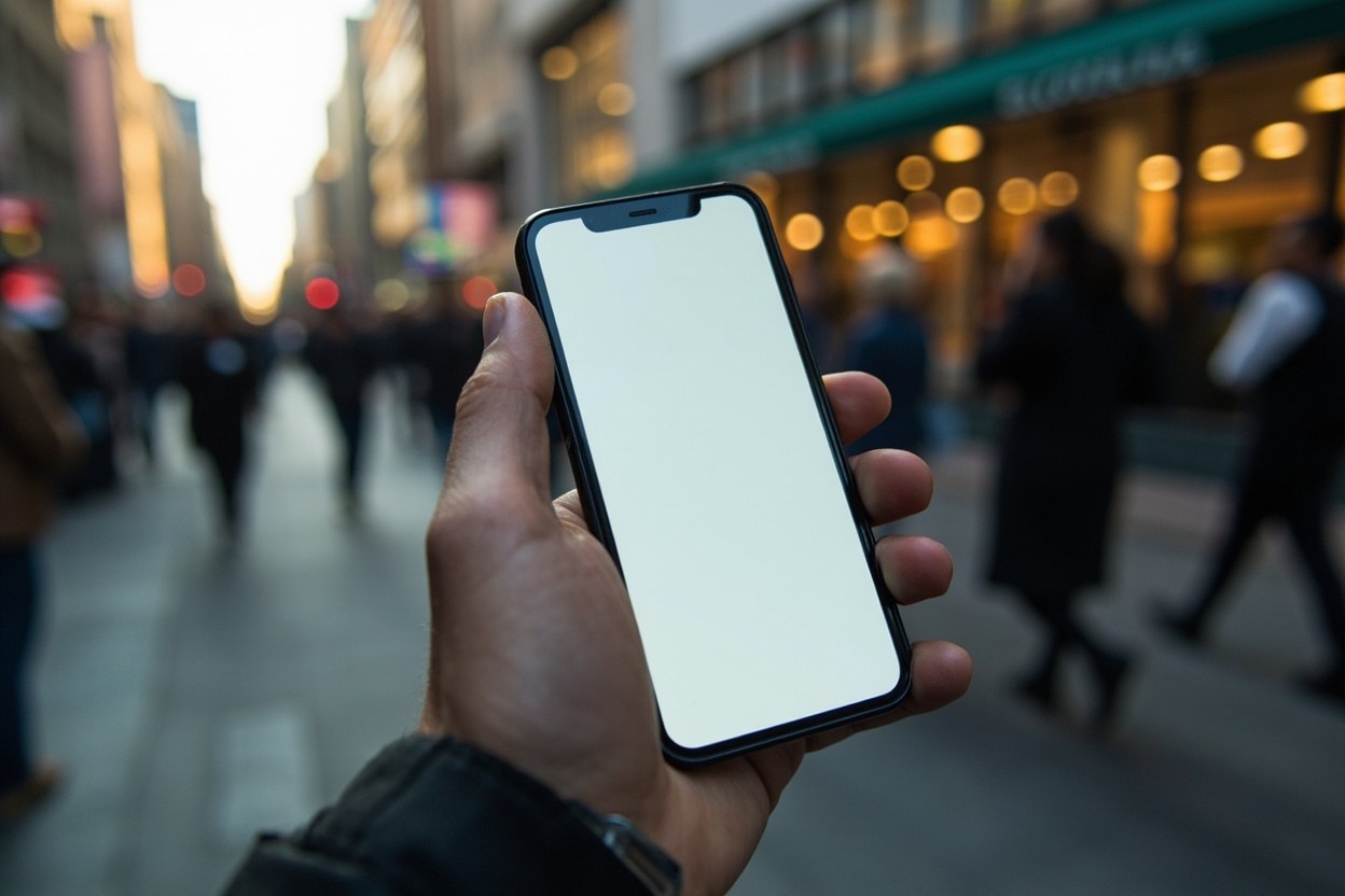 A hand holding a smartphone in a busy city street with blurred pedestrians, no text on the screen, late afternoon daylight