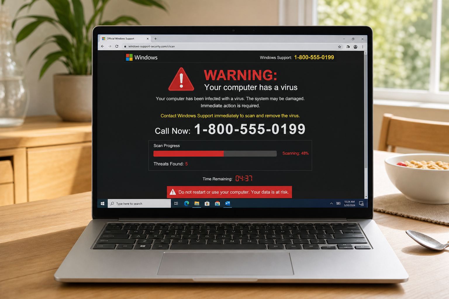 A laptop on a kitchen table showing a fake Windows virus warning and a phone number to call.