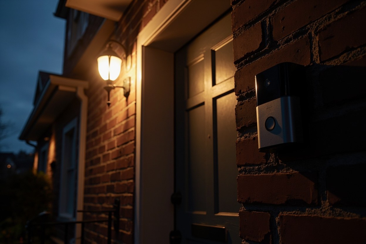 Front porch of a brick house at dusk with a small video doorbell mounted next to the frame, the porch light on, a single parcel on the doormat, warm interior glow through the sidelight window.