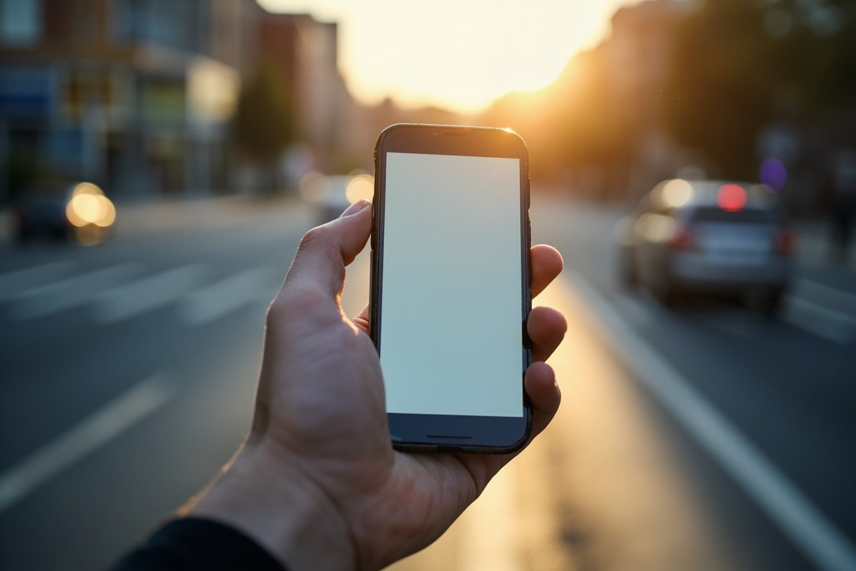 Hand holding a smartphone in daylight with a blurred city street in the background