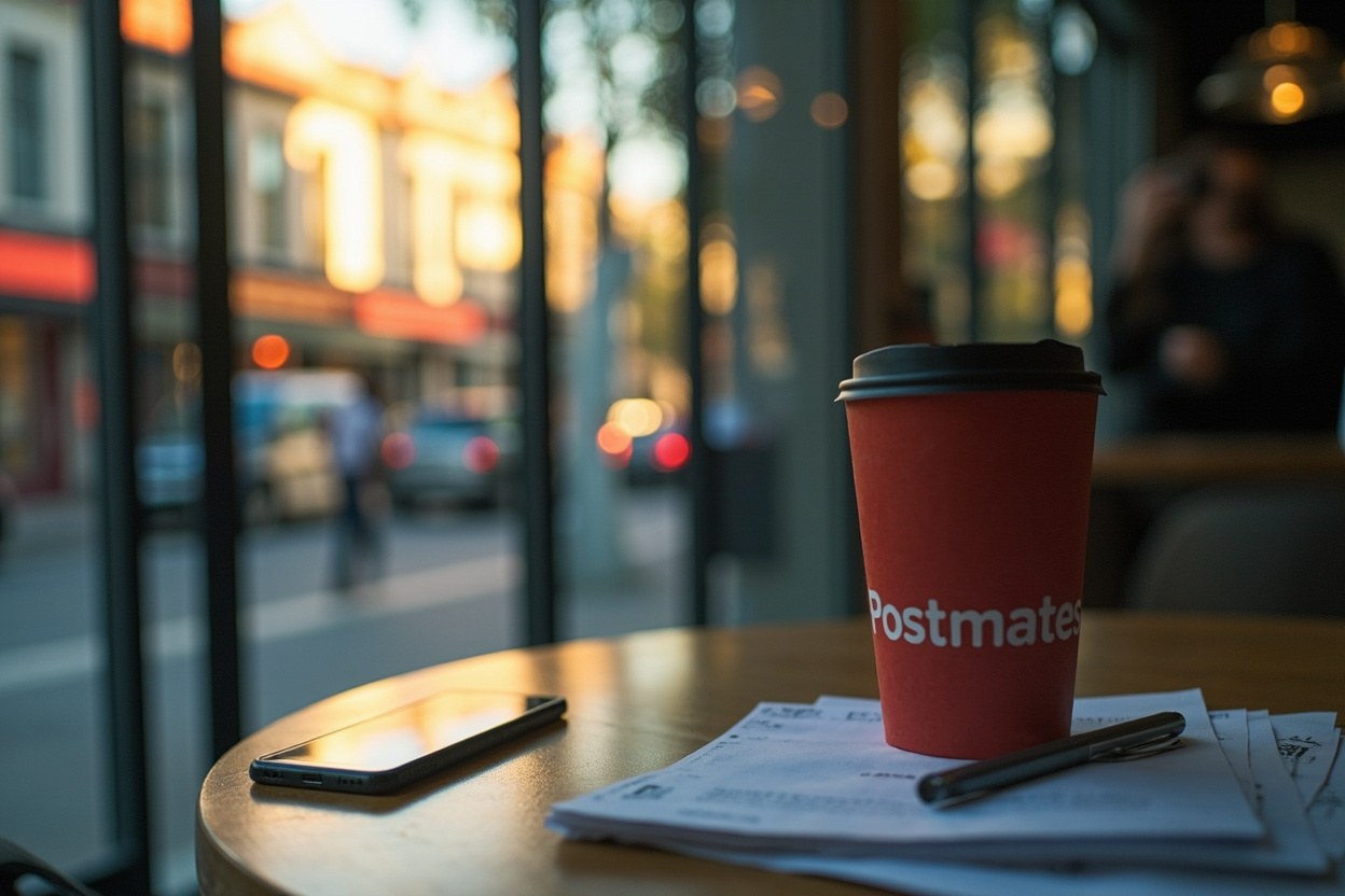 A takeaway coffee cup on a cafe table beside a phone, soft interior light from a window, late afternoon street scene outside.