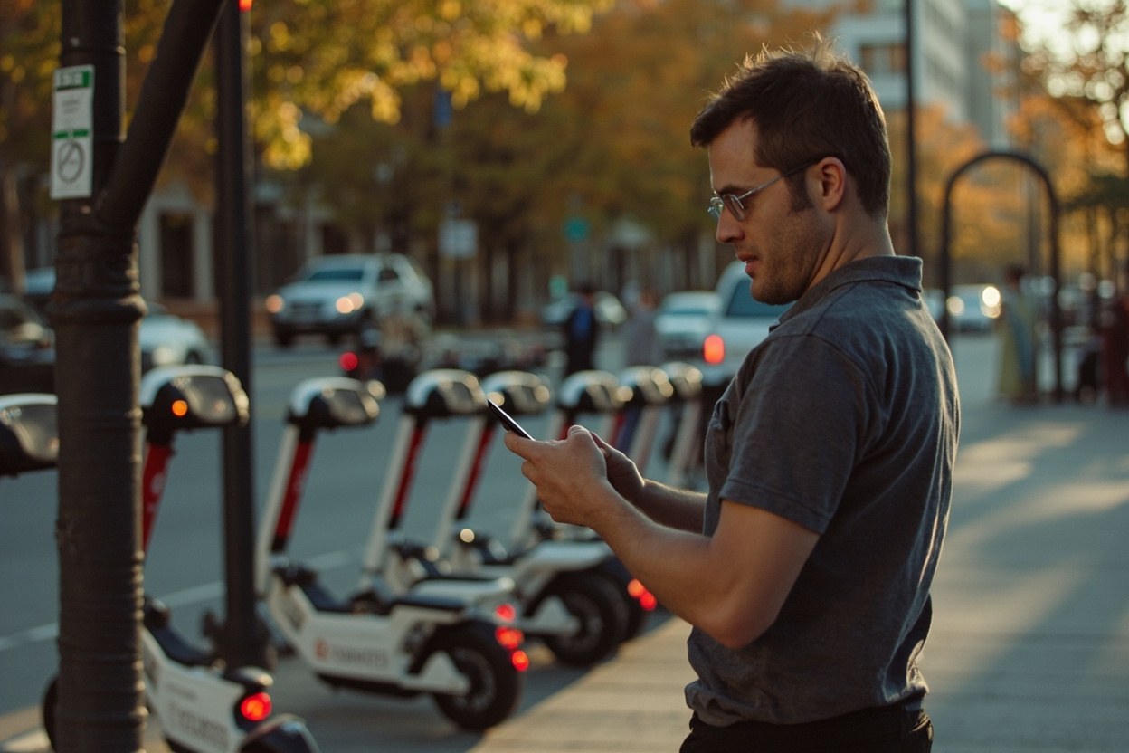 A person on a city pavement in October daylight reading a phone, with delivery scooters parked at the kerb in the background.