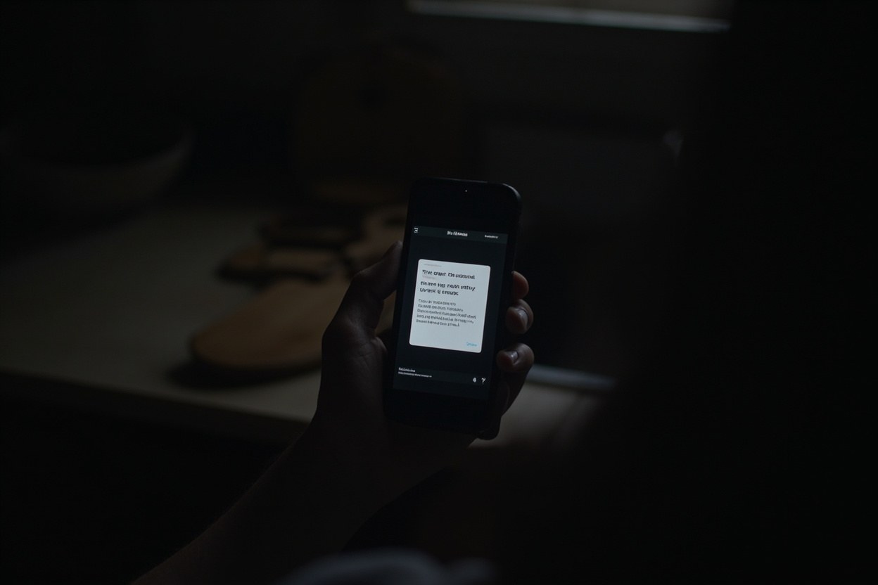 A hand holding a smartphone in a dim kitchen at night, the screen glowing with a short code message notification