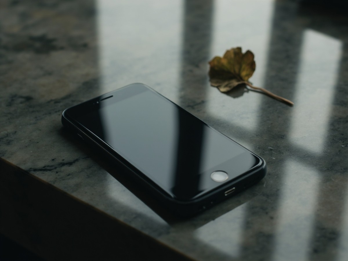 A dark smartphone on a marble counter, beside a small dried leaf.