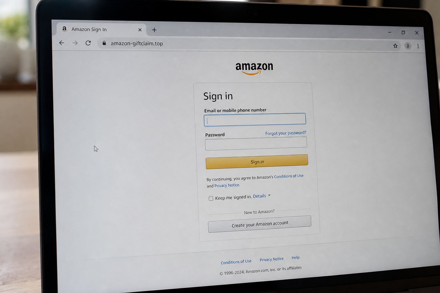 A browser address bar showing amazon-giftclaim.top on a fake shop page.