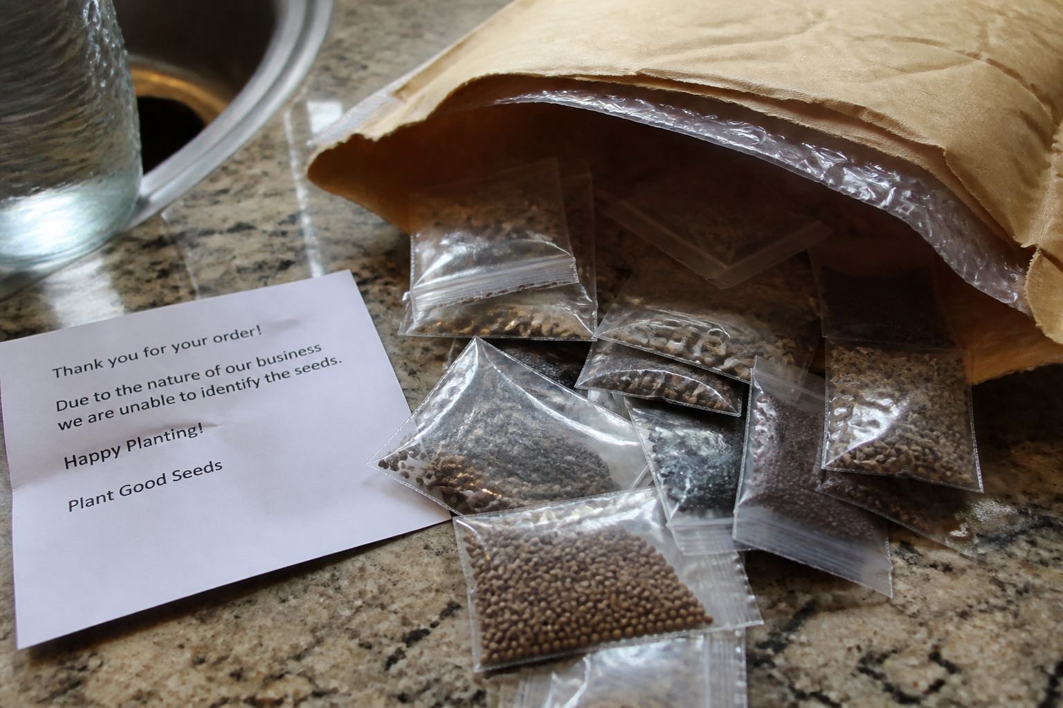 Cheap seed packets spilled from a padded envelope on a kitchen counter.