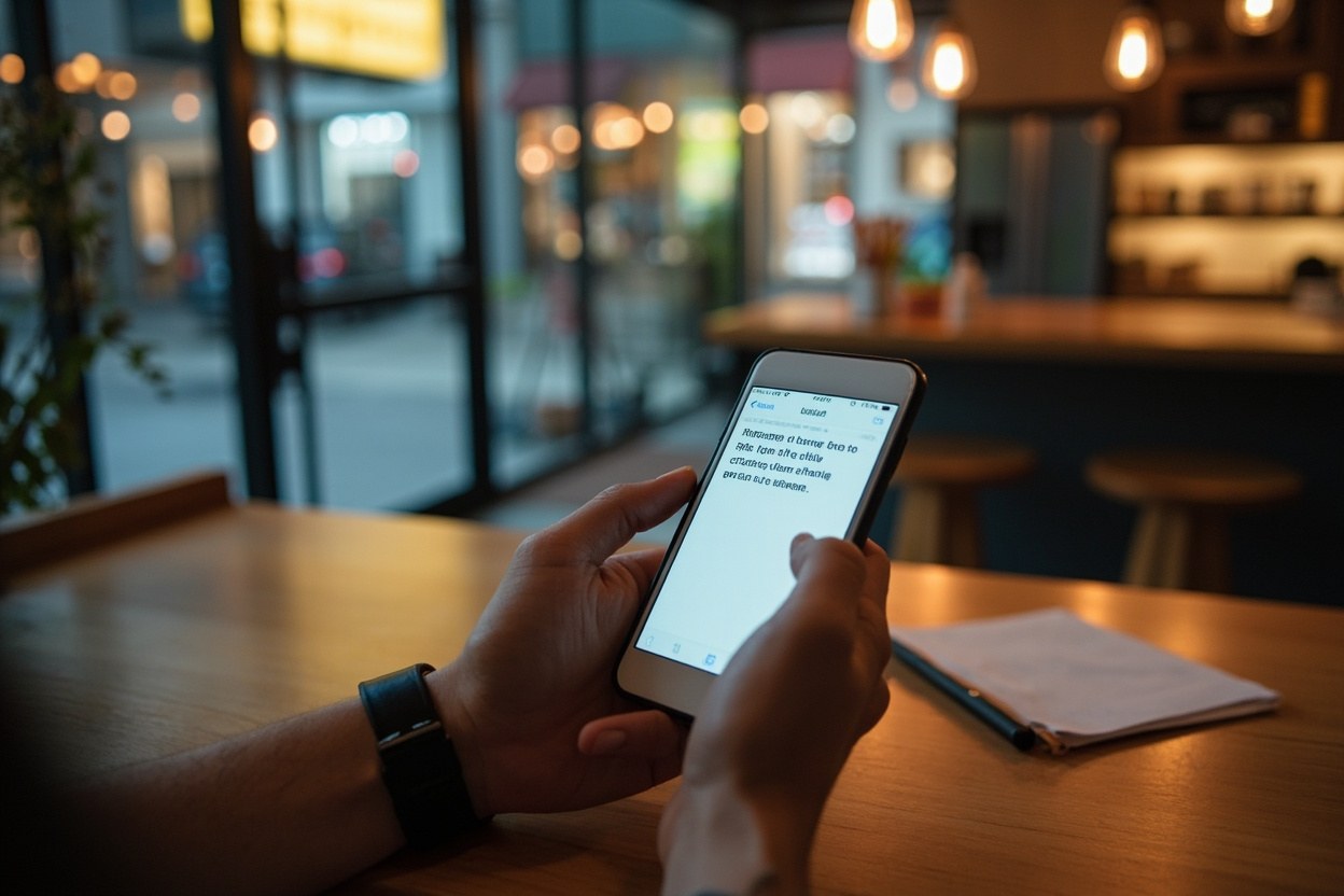 Hand holding a phone on a kitchen counter, lit screen showing a text message, blurred small business storefront visible through a window in the background daylight.