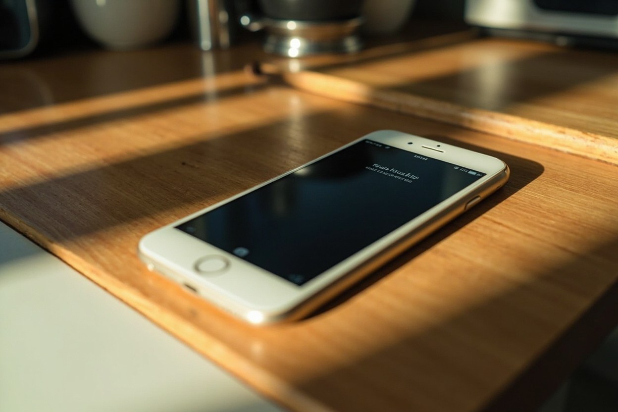 A smartphone resting face up on a wood kitchen counter, the screen showing a generic notification, morning daylight from a window to the left.