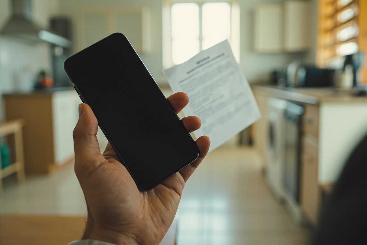 A hand holding a smartphone in a bright kitchen with daylight coming through a window, the screen off and a paper notice pinned to the fridge in the background.
