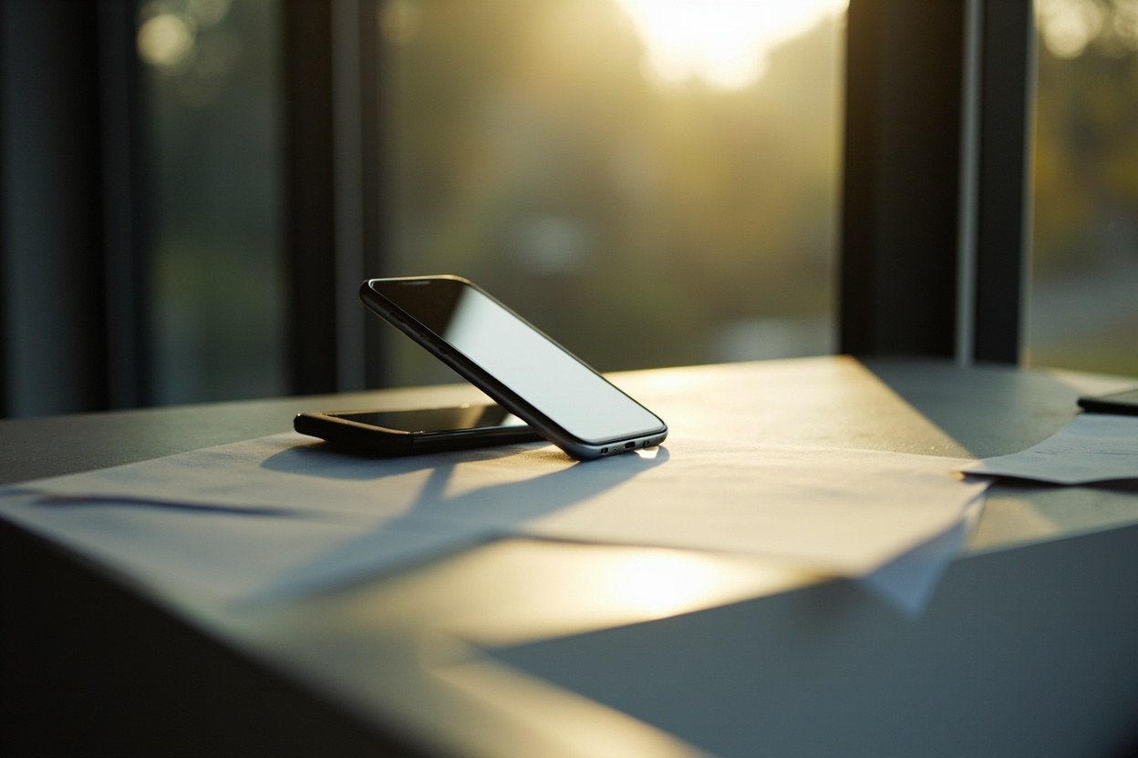 Mobile handset resting near a window with morning light falling across the room