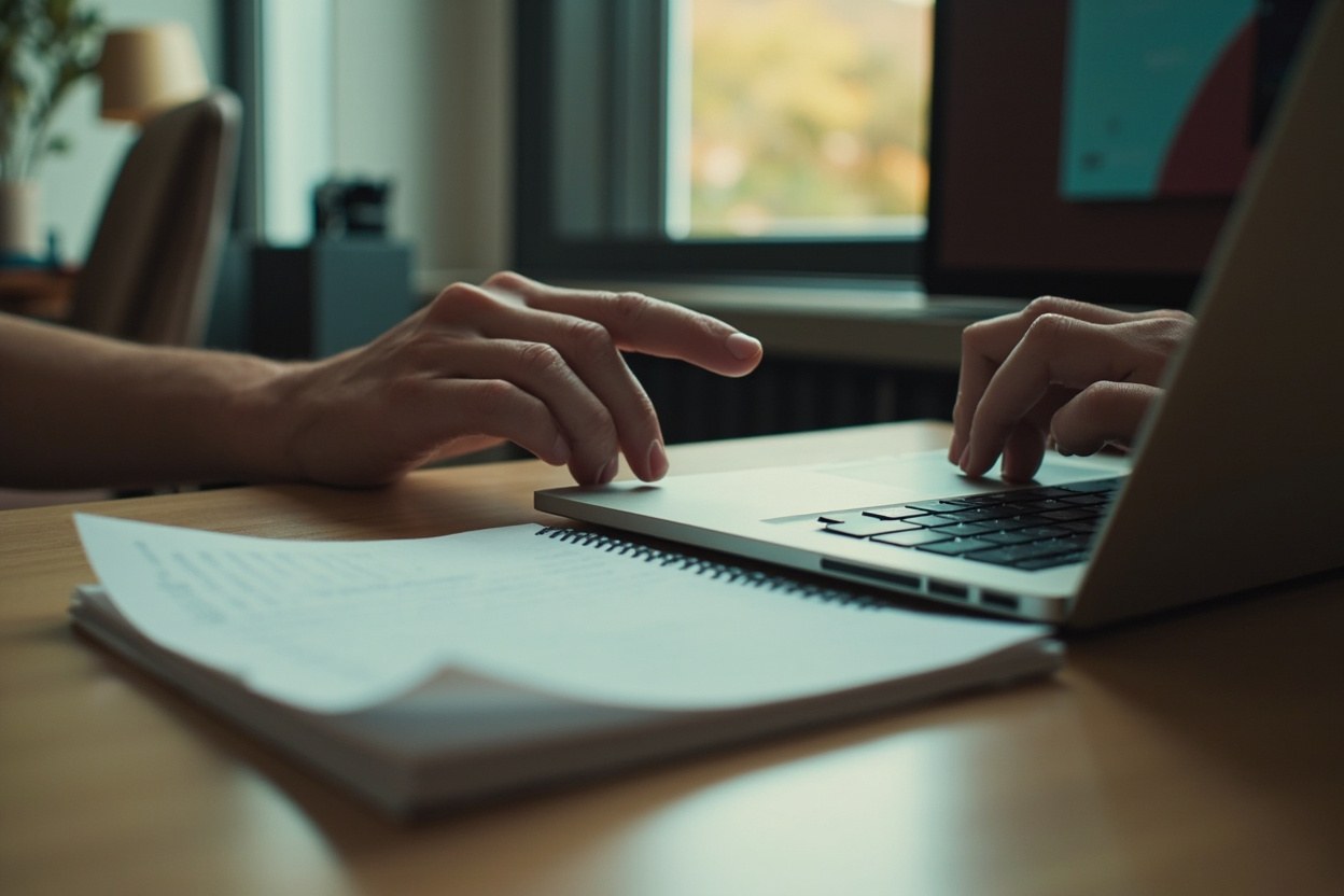 Close up of a person at a desk in a quiet room during the day, one hand on a laptop keyboard, a paper notebook open beside the machine, daylight through a window behind