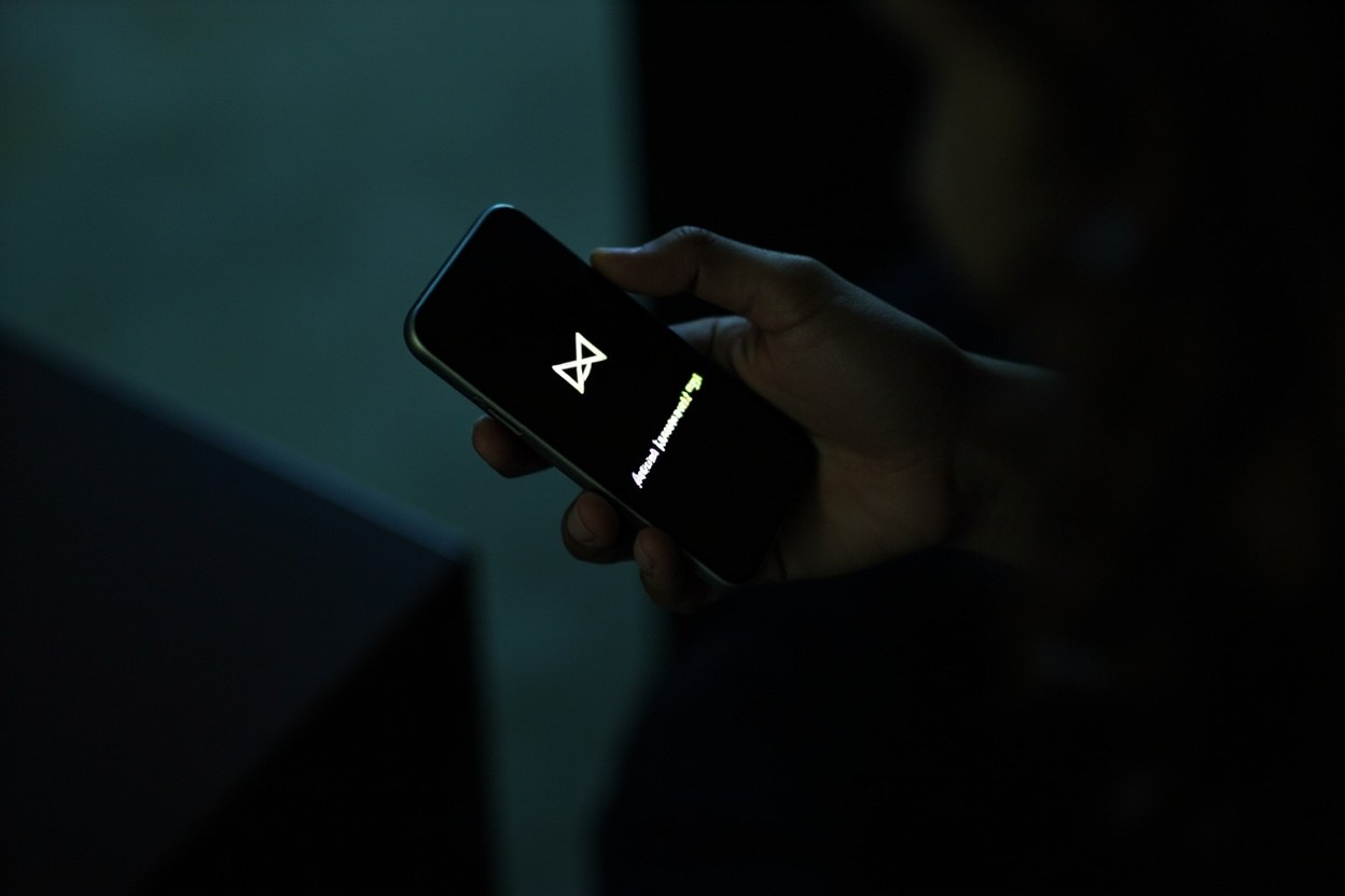 Hand holding a smartphone in a dim kitchen at night, the screen dimmed, an envelope-shaped notification icon glowing at the top of the display, harsh overhead bulb light