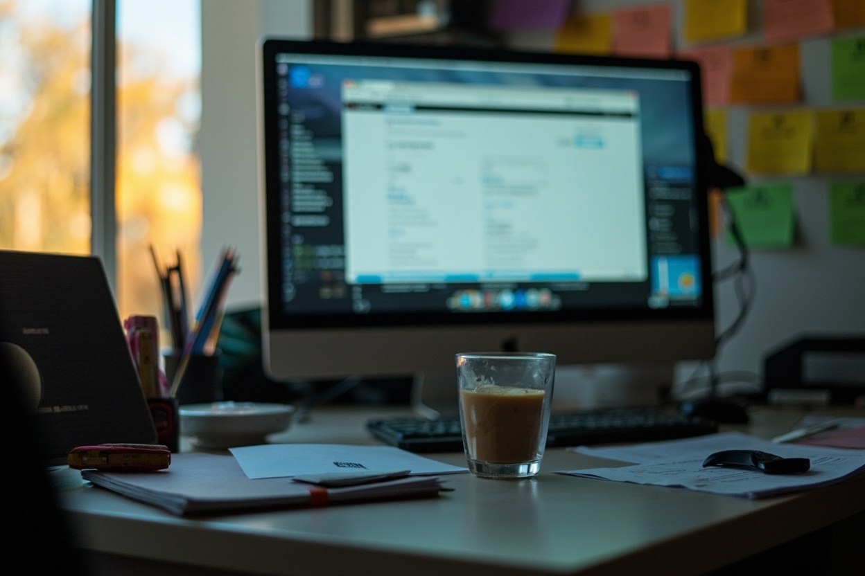 A cluttered home office at midday with a monitor glowing softly, a half-drunk coffee, and sticky notes on a white wall