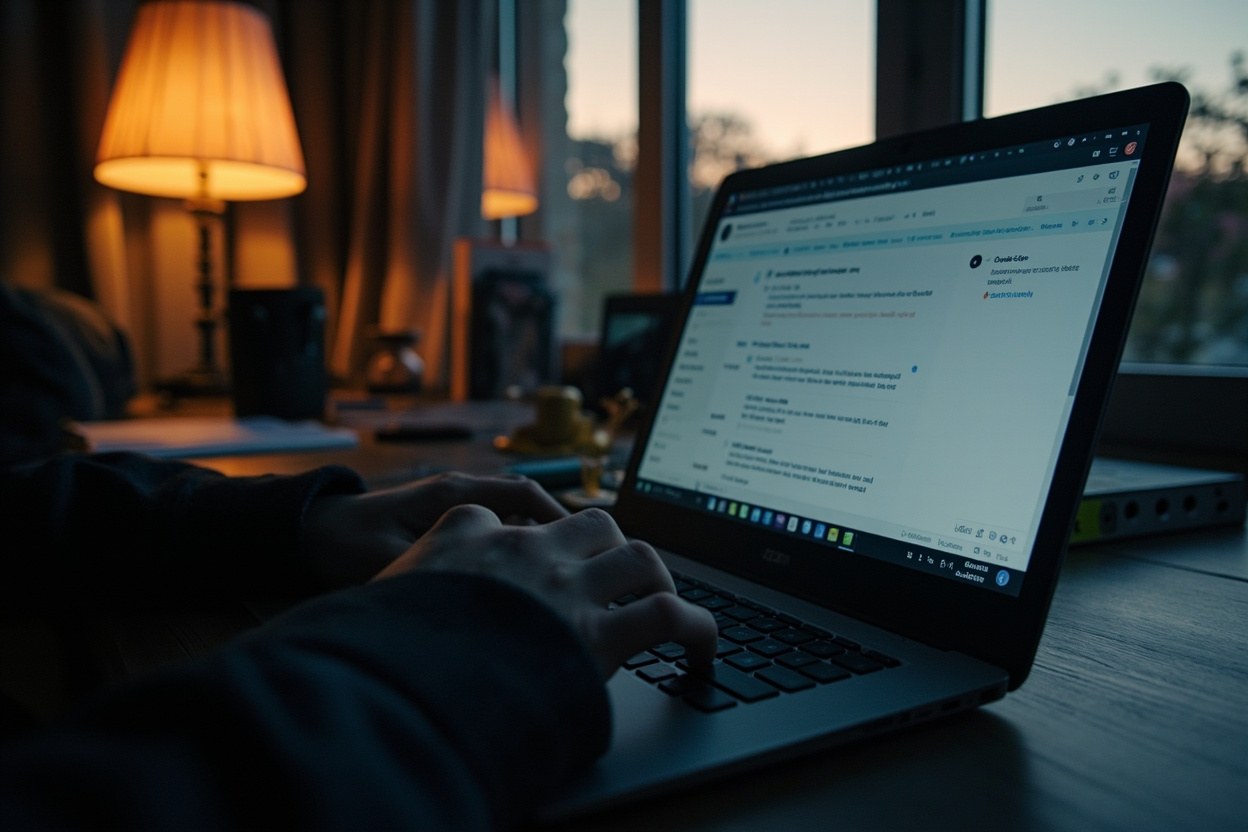 A writer's hands on a laptop keyboard in a quiet home office at dusk, the screen showing a publishing dashboard with the cursor hovering over a comment field in soft window light