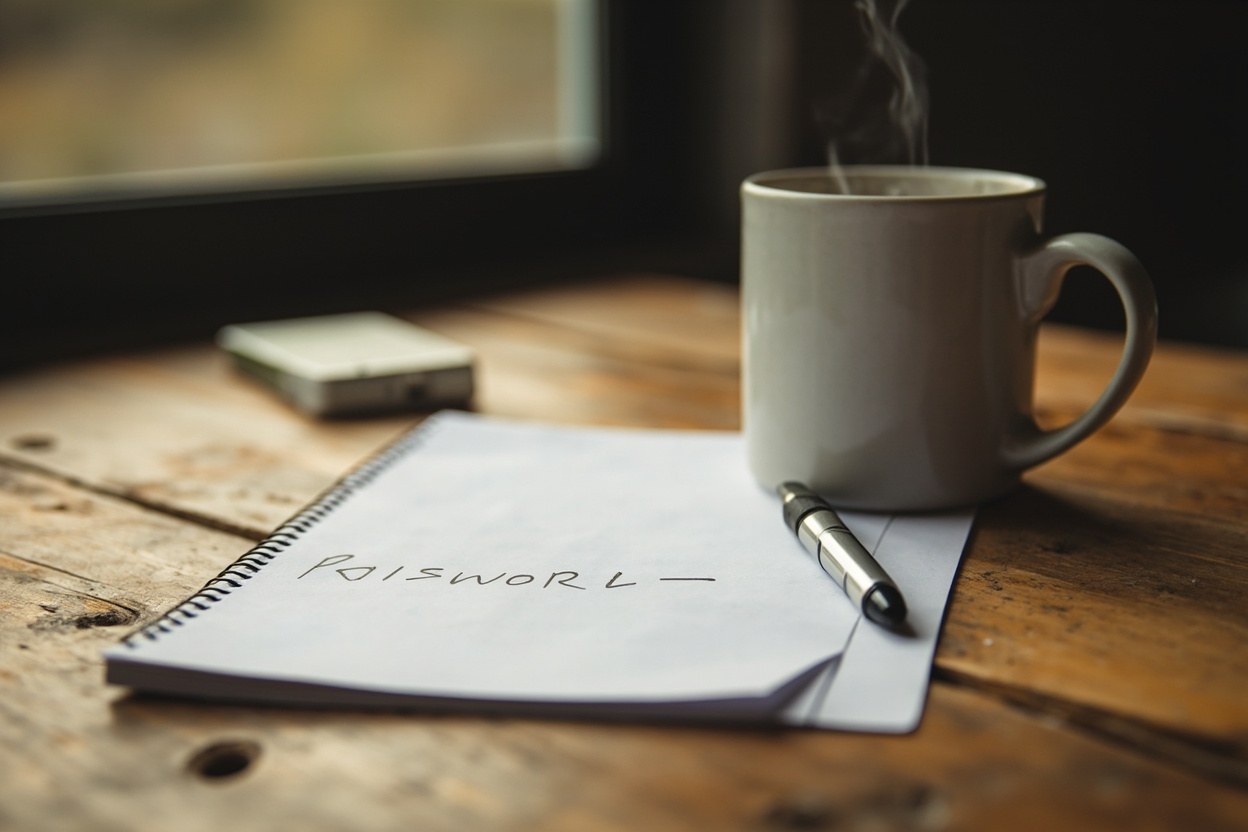 A close up of a paper notebook on a wooden desk with a handwritten password, a pen resting beside it, a coffee mug steaming in the background of a small study at midday interior