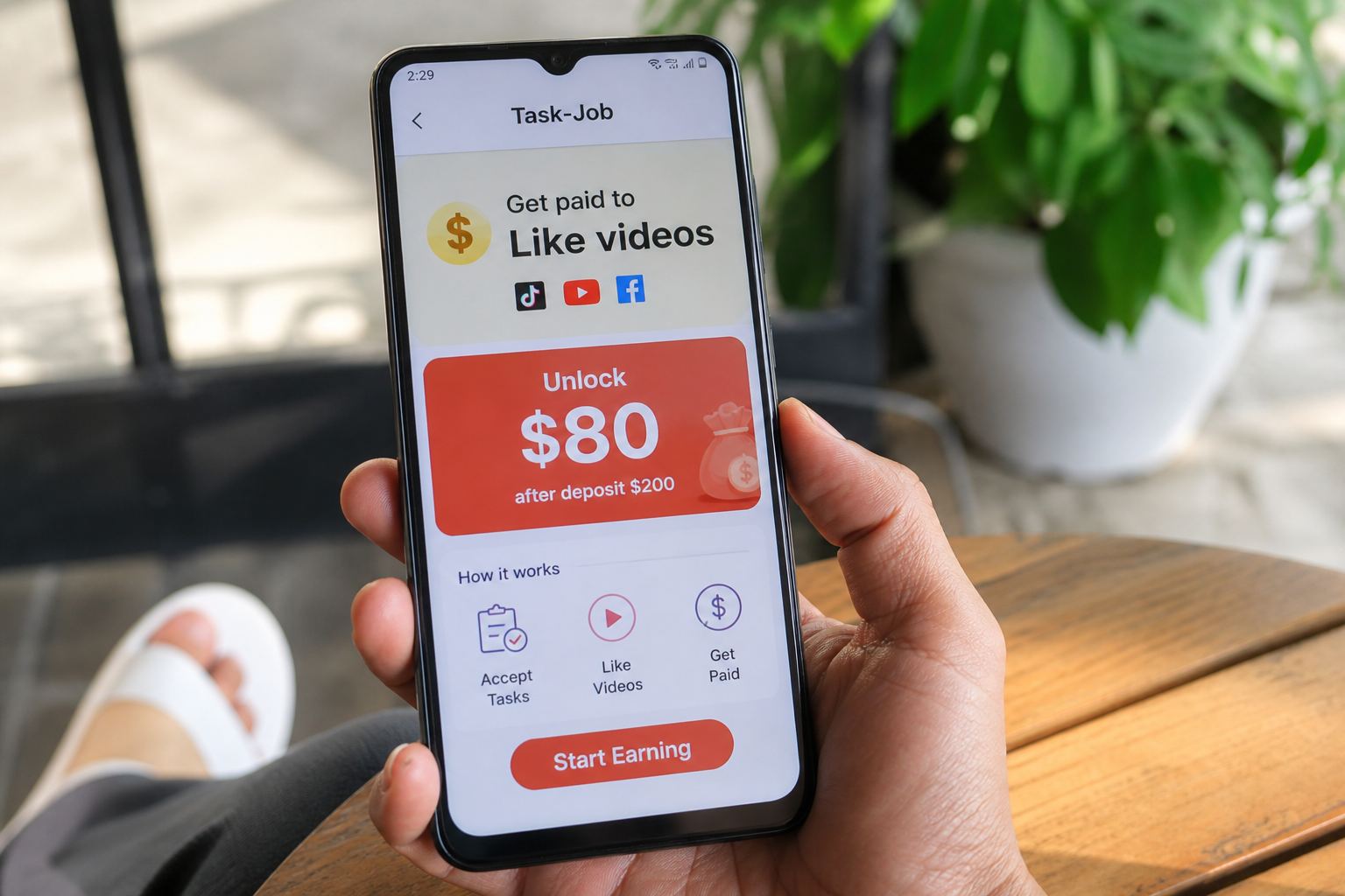 A phone showing a get-paid-to-like-videos app that asks for a deposit.