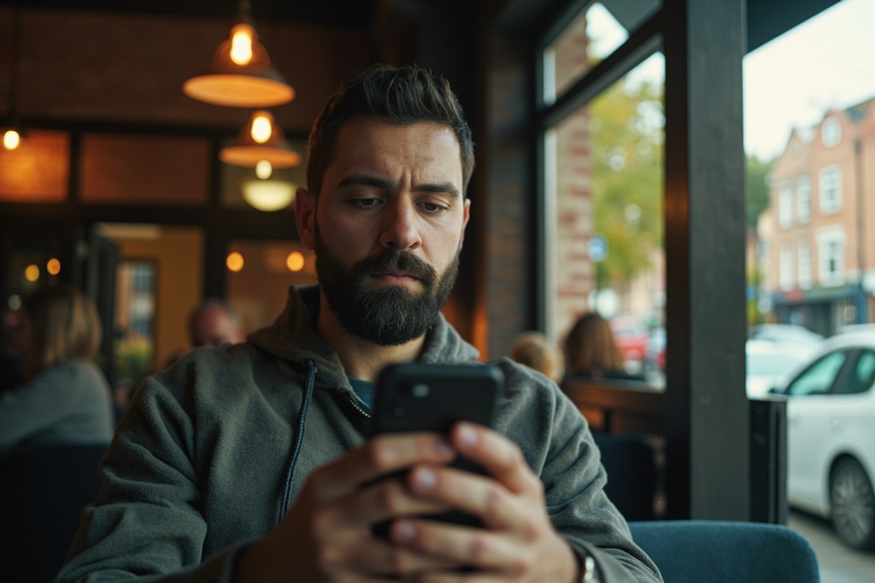 A man in a coffee shop holding a smartphone, browsed furrowed, looking at a messenger chat on a busy morning with daylight through the window
