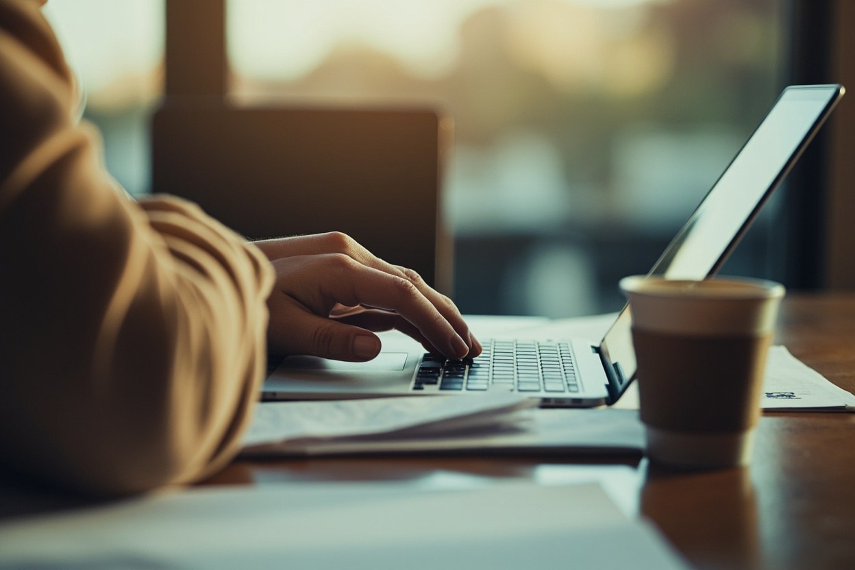 A close-up of a hand hovering over a laptop keyboard, the screen out of frame, a takeaway coffee on a desk in soft morning light