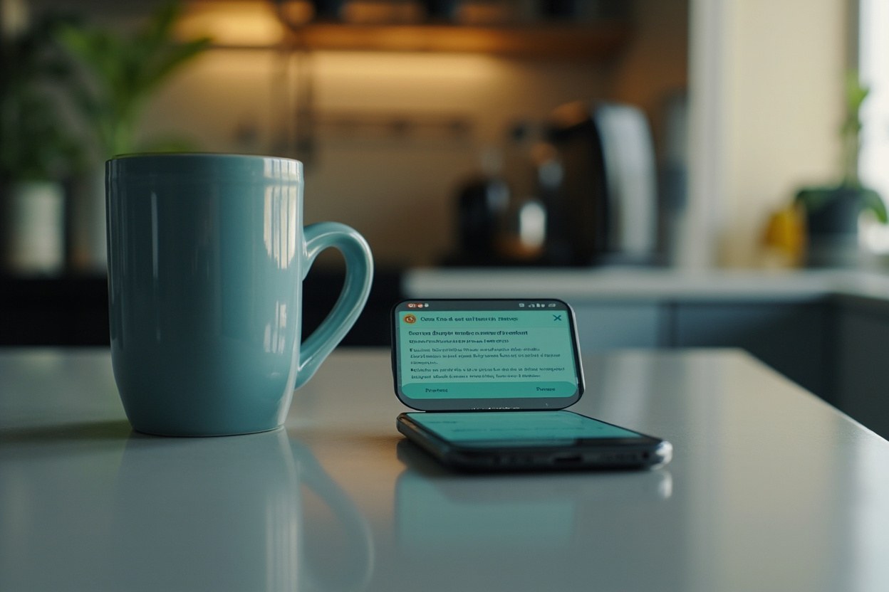 A smartphone on a kitchen counter beside a coffee mug, with the screen showing a security alert notification in soft daylight.
