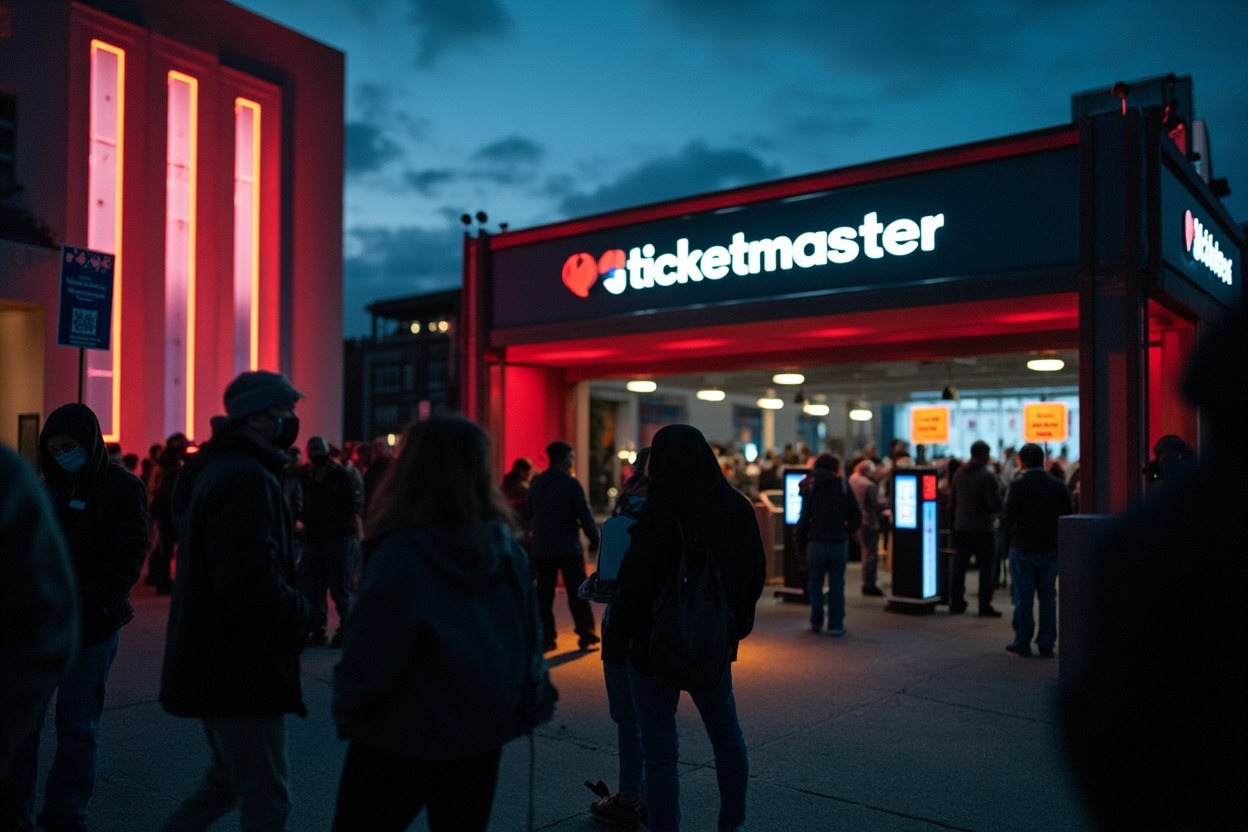 A close up of a concert venue entrance at dusk, with ticket scanners glowing under the canopy as a small crowd queues at the door.