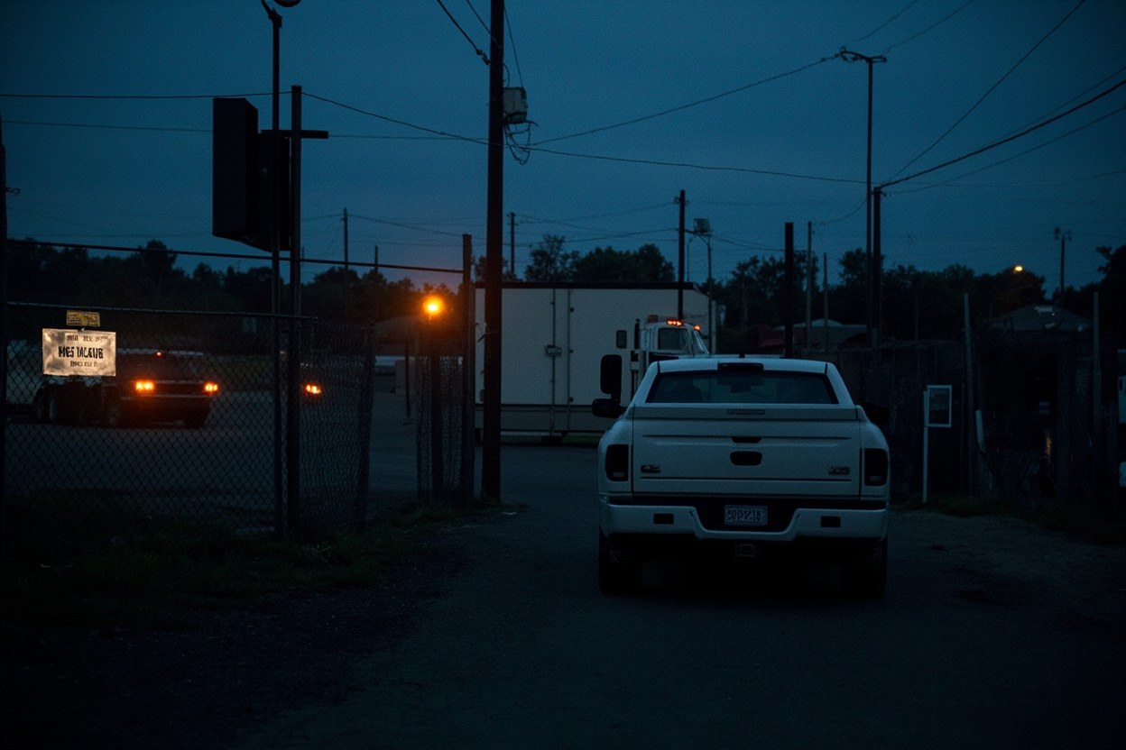 A fenced impound lot at dusk with a single tow truck parked near the gate and a posted sign on the chain link, dim streetlight in the background.