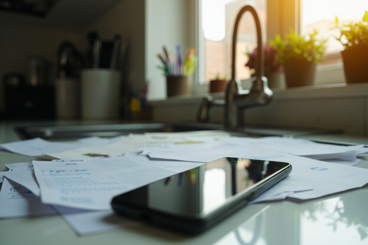 British smartphone resting on a kitchen counter near a window with morning daylight