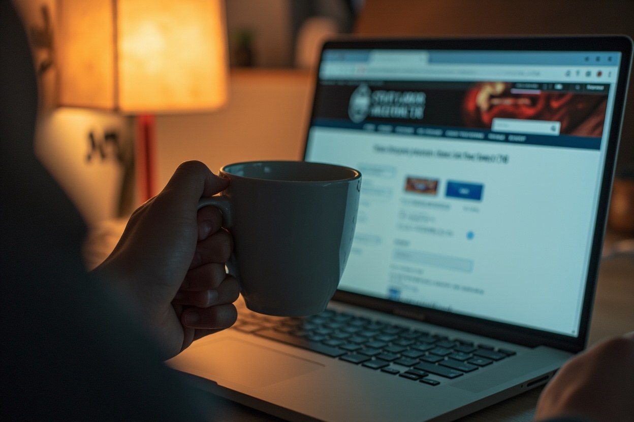 A close up of a hand holding a coffee mug beside a laptop showing a state labor agency login page, warm lamp light, window showing a grey autumn street