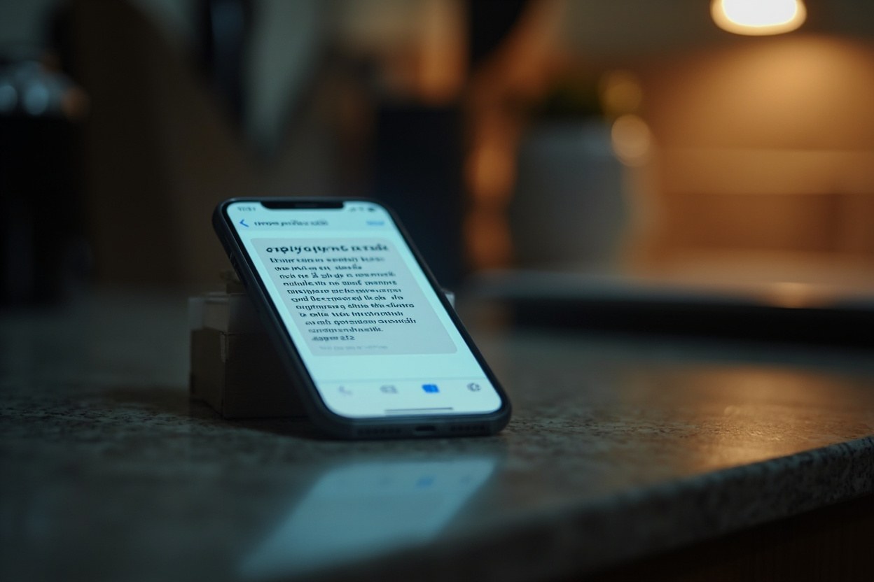 A smartphone on a kitchen counter in the early evening, screen lit with a text message about an unemployment claim, soft overhead light, blurred fridge magnets in the background daylight