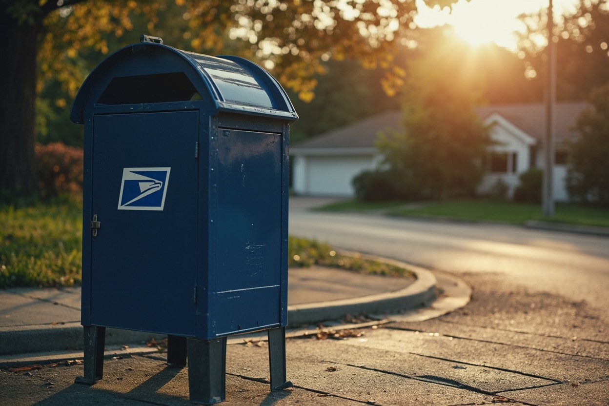 A blue USPS collection box on a suburban pavement in early morning daylight, with low sun and a quiet residential street in the background.