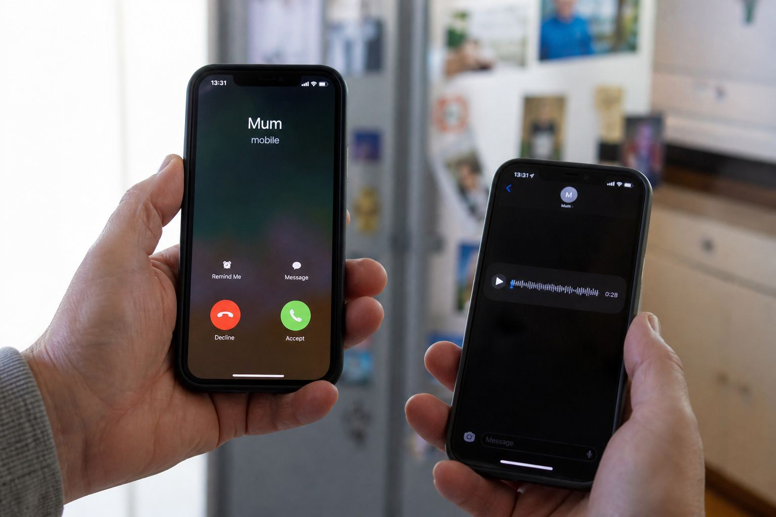 A phone showing an incoming call from Mum while another phone plays a voice note.